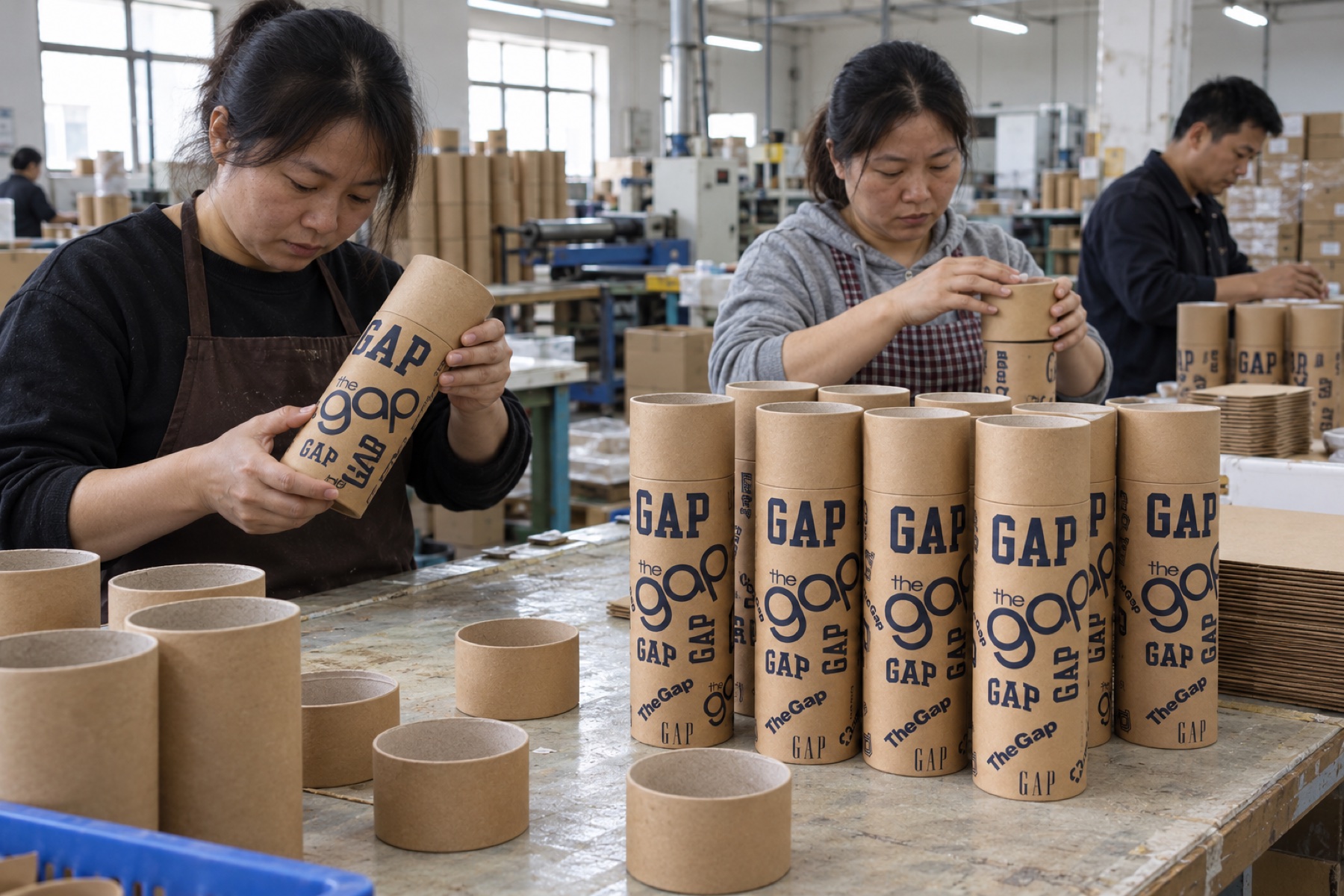 Retouched real workshop photograph showing assembly of printed cylindrical kraft tubes