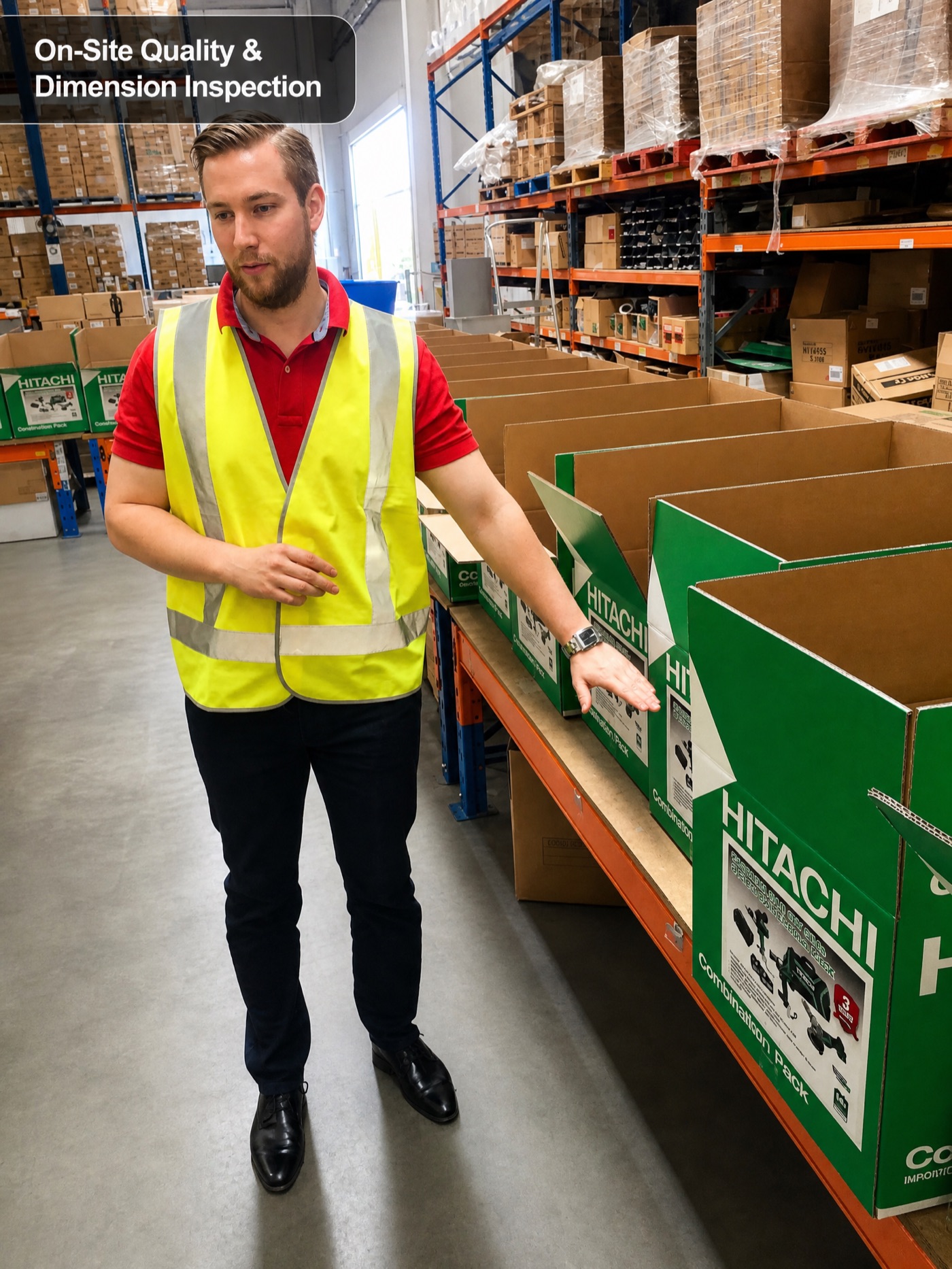 On-site inspection of open green Hitachi printed packaging
