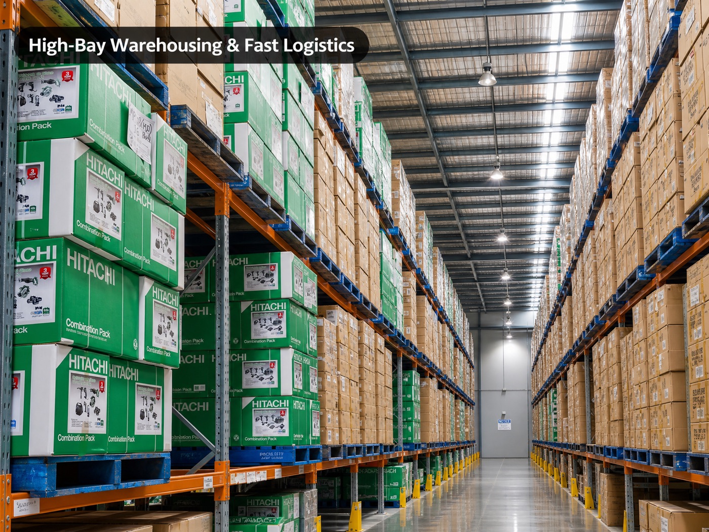 High-bay warehouse holding completed green Hitachi packaging cartons