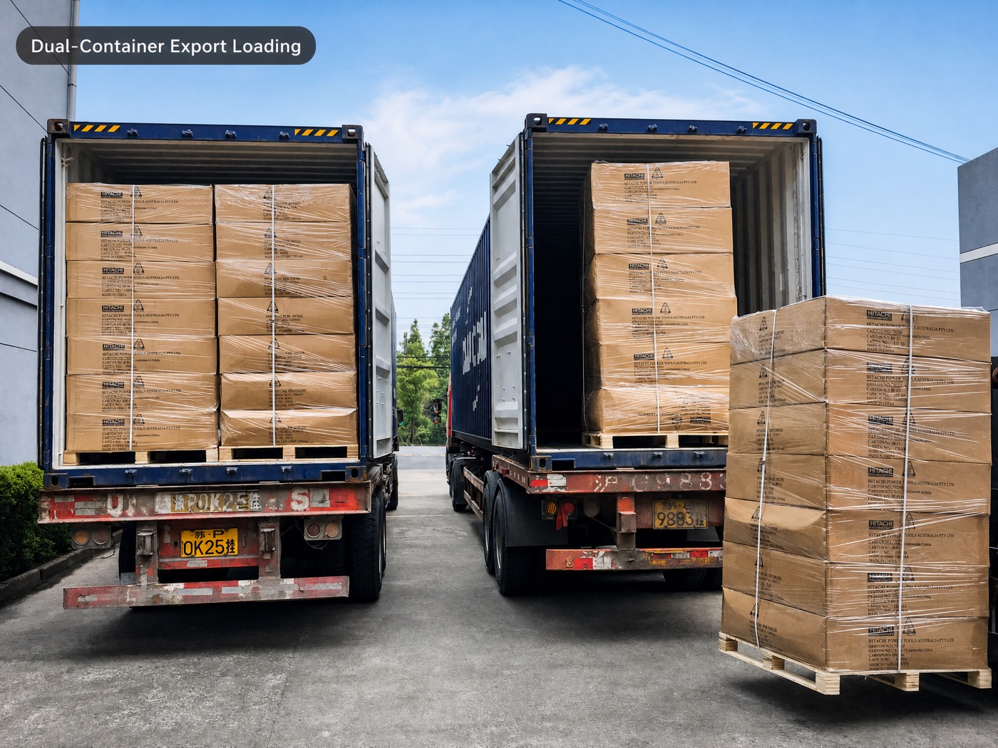 Two export containers loaded with palletised Hitachi Australia order cartons