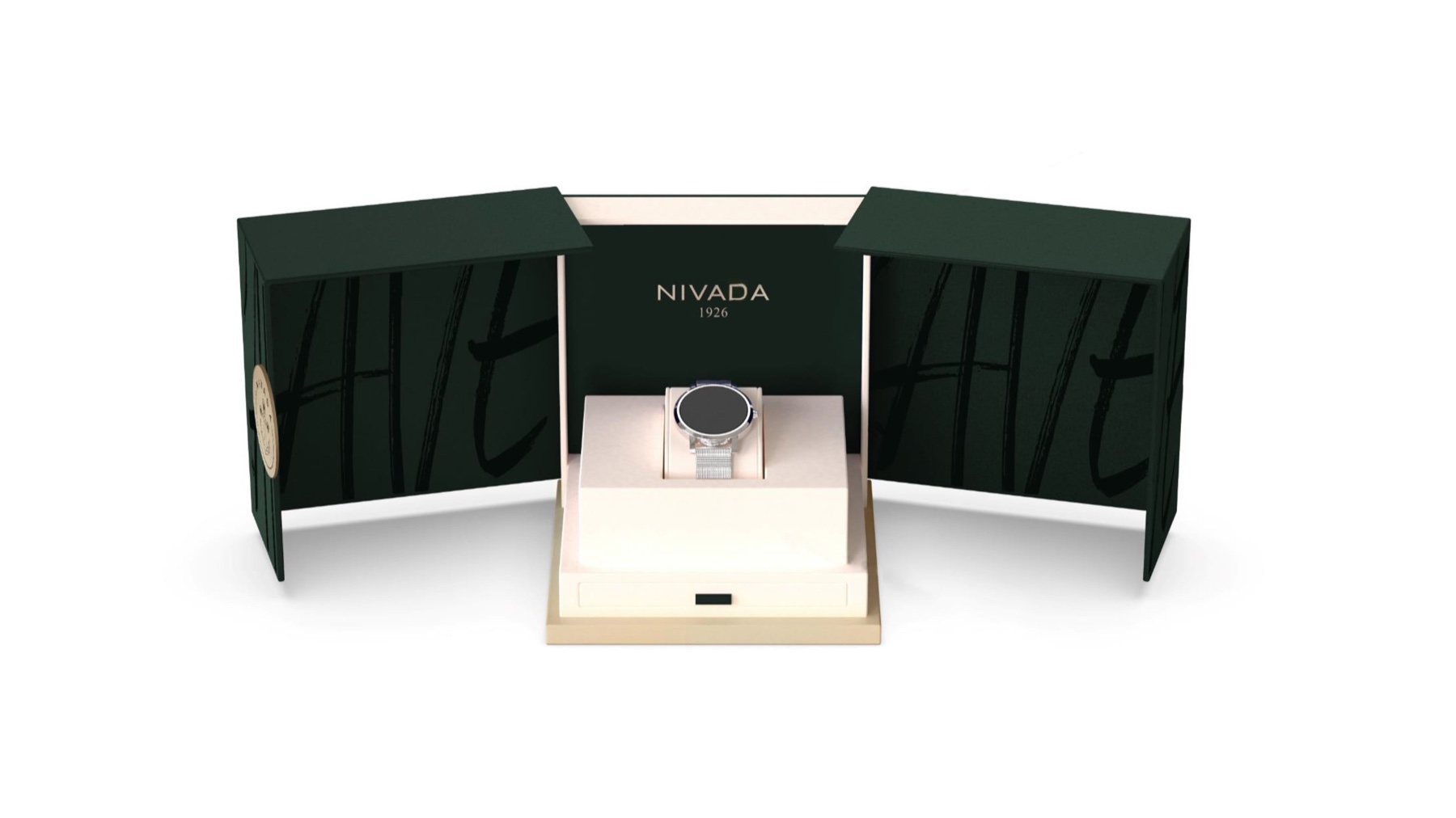 Approved front-view visualisation of the custom double-door watch presentation box