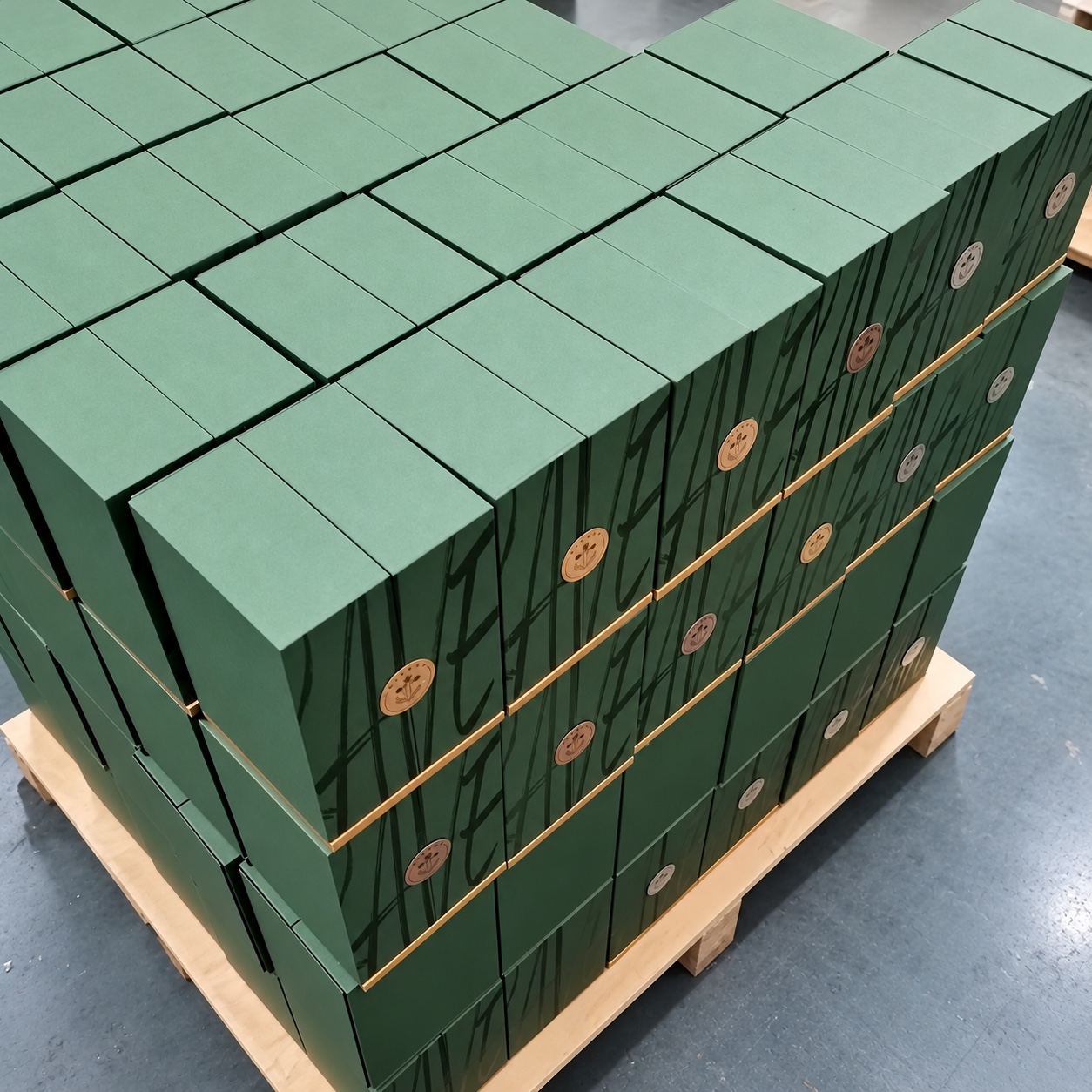 Completed batch of dark green watch presentation boxes on a workshop pallet