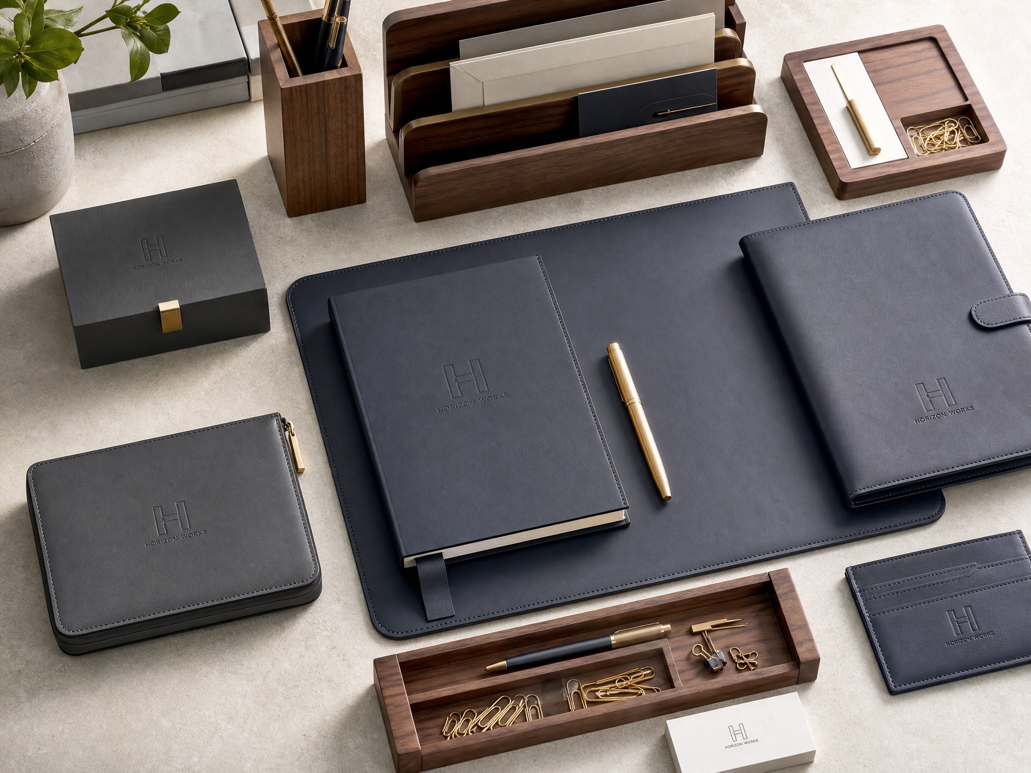 Coordinated notebook, pen, desk pad and desk organizers shown as corporate gift component ideas