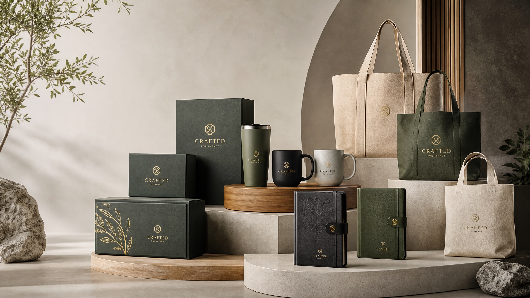 Gift boxes and carrier bags paired with drinkware and notebooks as presentation options
