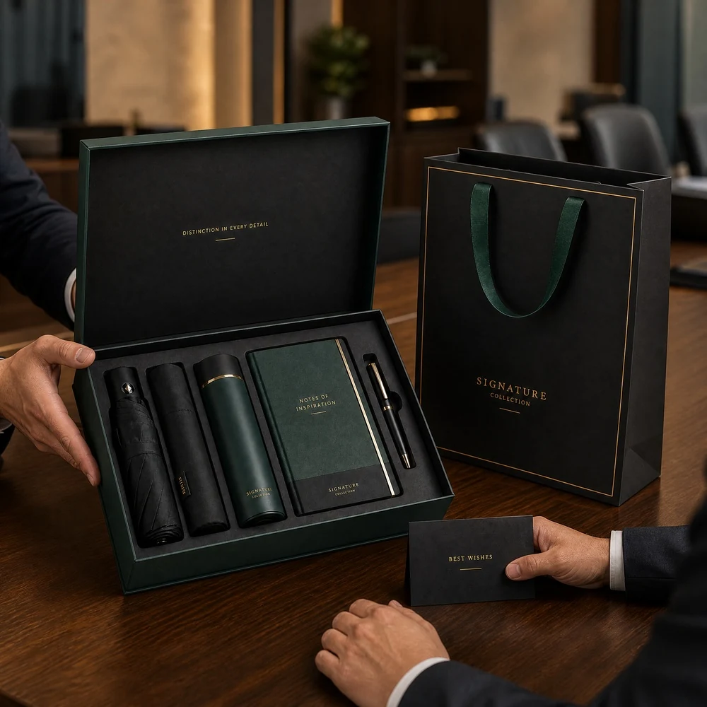 Corporate gift set with umbrella, insulated bottle, notebook and pen in a presentation box