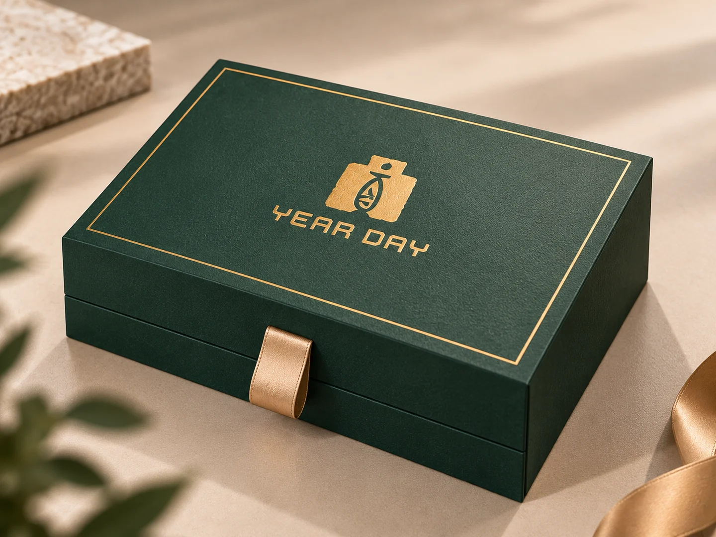 Deep green custom luxury rigid gift box with gold detailing and ribbon pull tab