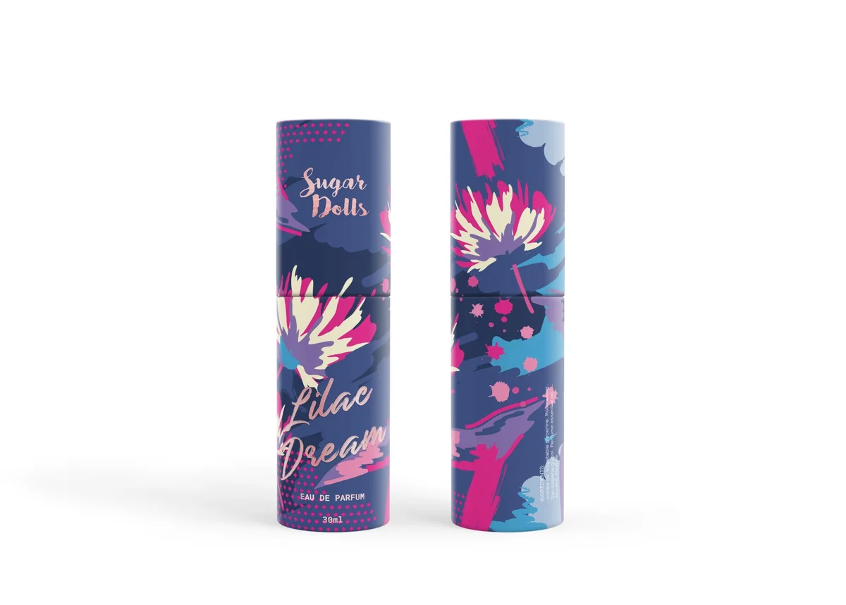 Indigo and magenta printed cylindrical perfume paper box, front and reverse views
