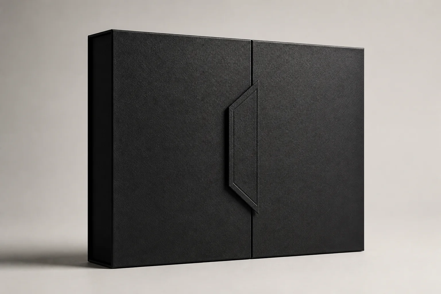 Closed black presentation box with two front doors