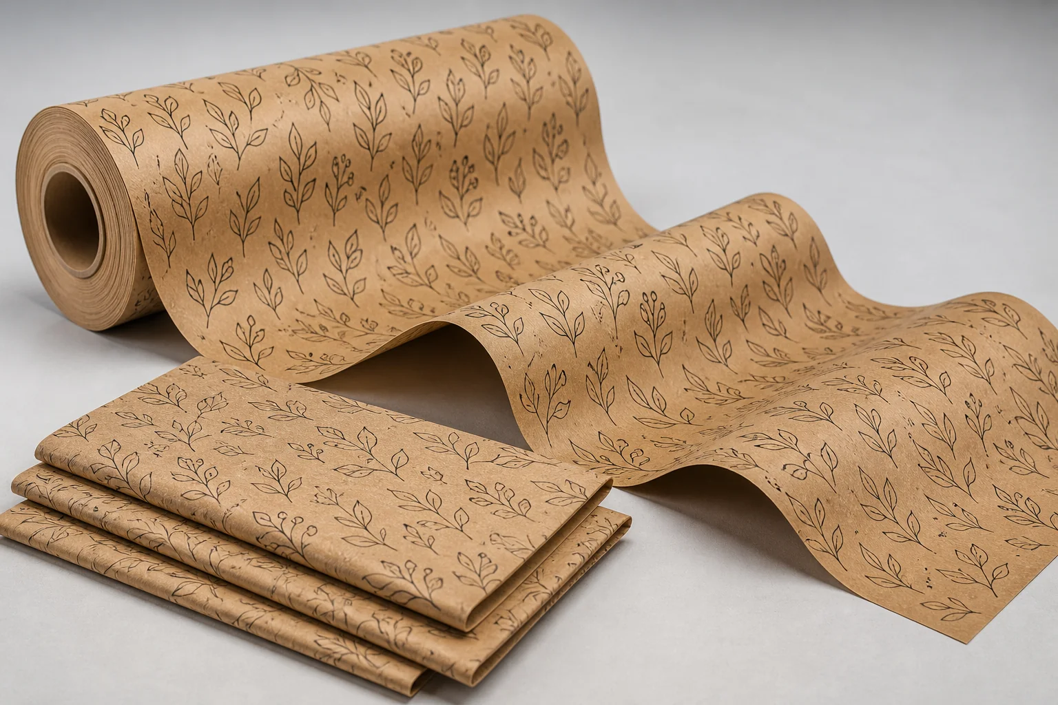 Kraft wrap roll and sheets with botanical line print