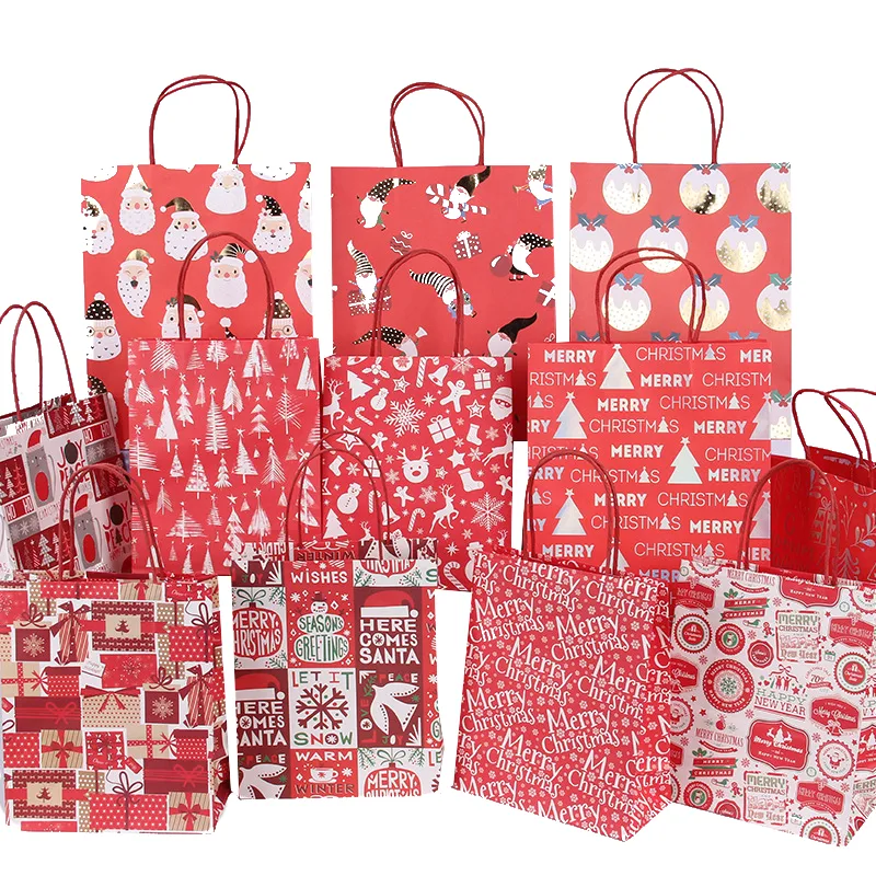 1688 Christmas Kraft Paper Gift Sack Supermarket Shopping Coated Paper Packaging Bags for Candy Merry Christmas Promotion