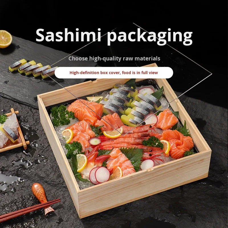 Cross-Border Acrylic Lid Japanese Cuisine Sushi Packaging Box Salmon Sashimi Packing Box Square Wooden Fruit Packing Box