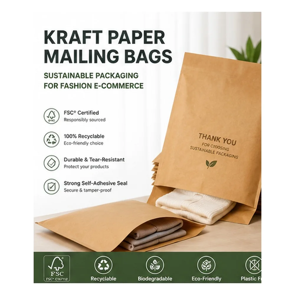 Custom Kraft Paper Mailing Bags for Apparel E-commerce Packaging OEM FSCs Recyclable 0.5 Mil Thickness Offset Printing Side
